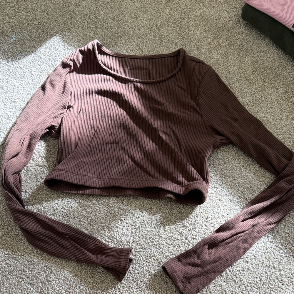 Daily Drills Brown Ribbed Long Sleeve Crop Top